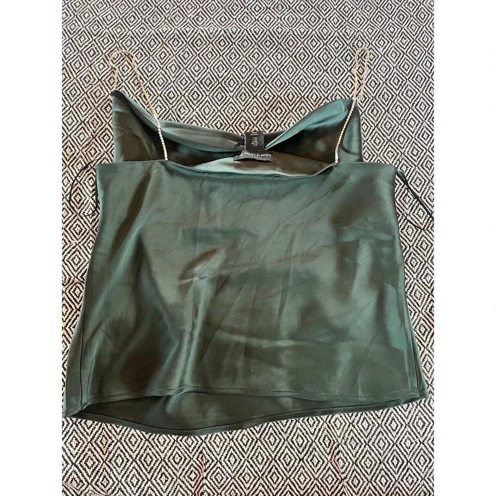 NEW! NWT HOUSE OF HARLOW Silky Cami Top Rhinestone Straps Emerald Green Size S - Picture 8 of 11